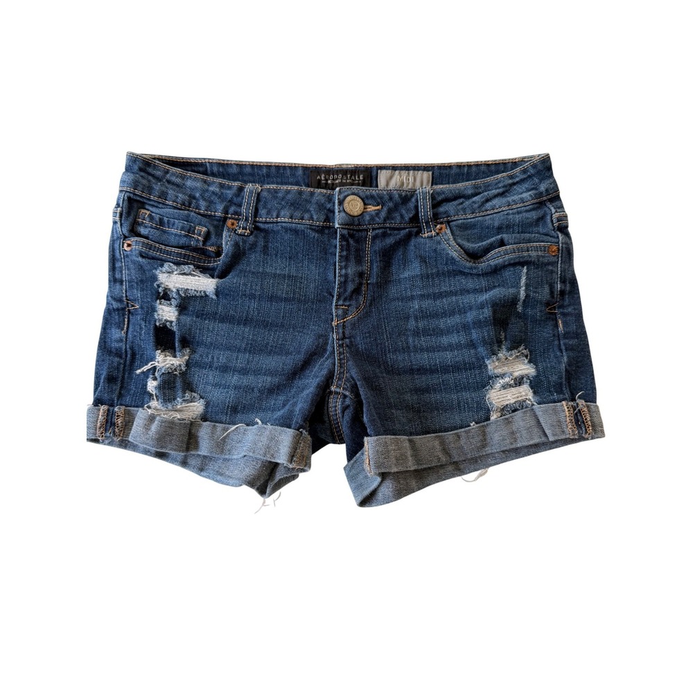 Aeropostale Midi Denim Shorts 6 Dark Wash Distressed Cuffed Ripped 8560
